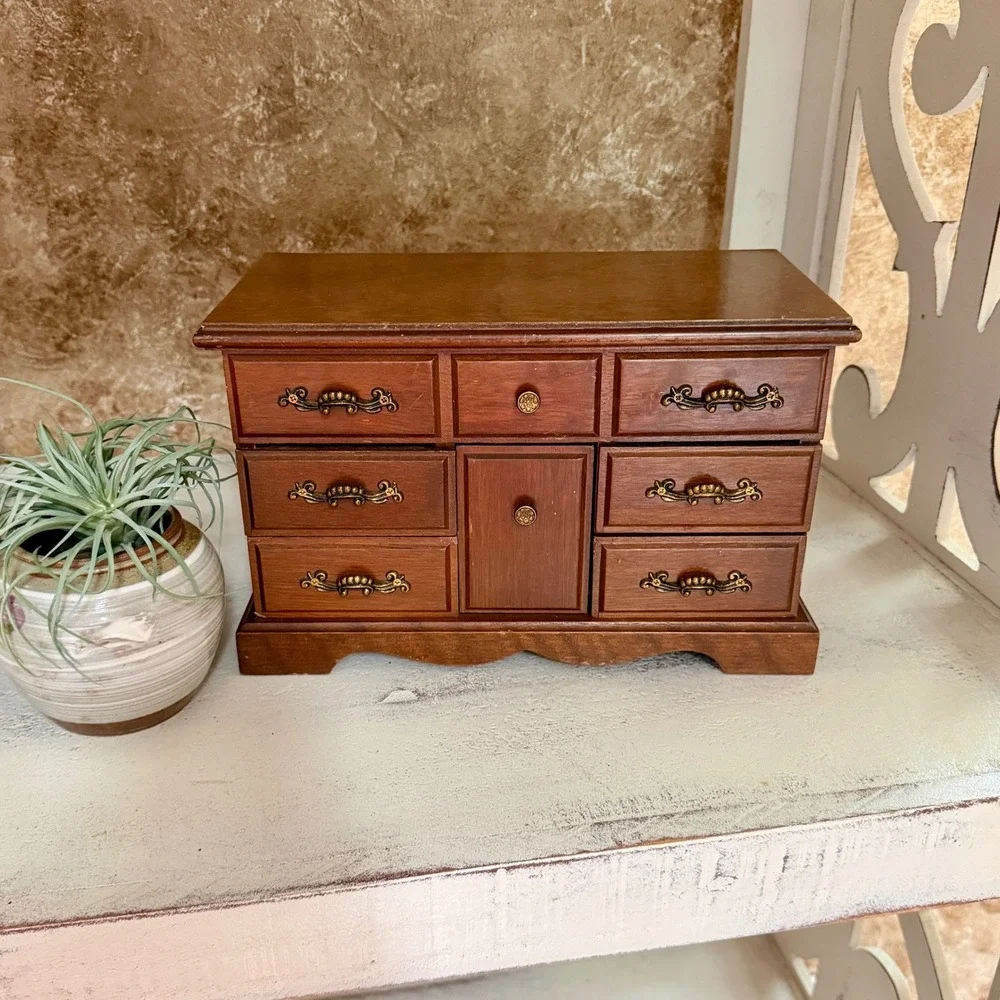 Vintage Wooden Jewelry Box Miniature Dresser Chest Mirror Ring Drawer Organizer